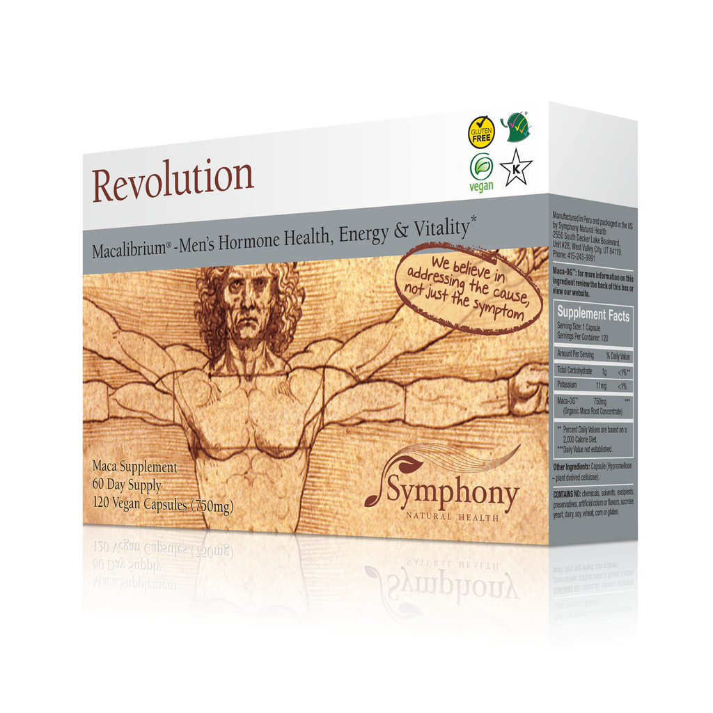 Revolution Macalibrium left-facing product box with Vitruvian Man illustration, we believe in addressing the cause not just the symptom, vegan, gluten free, Kosher, on black background