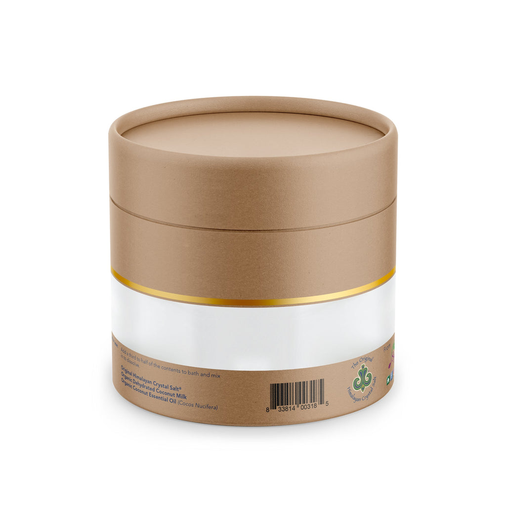 Coconut Soak back of tan cylindrical box featuring gold and white bands, Himalayan Crystal Salt logo on white background