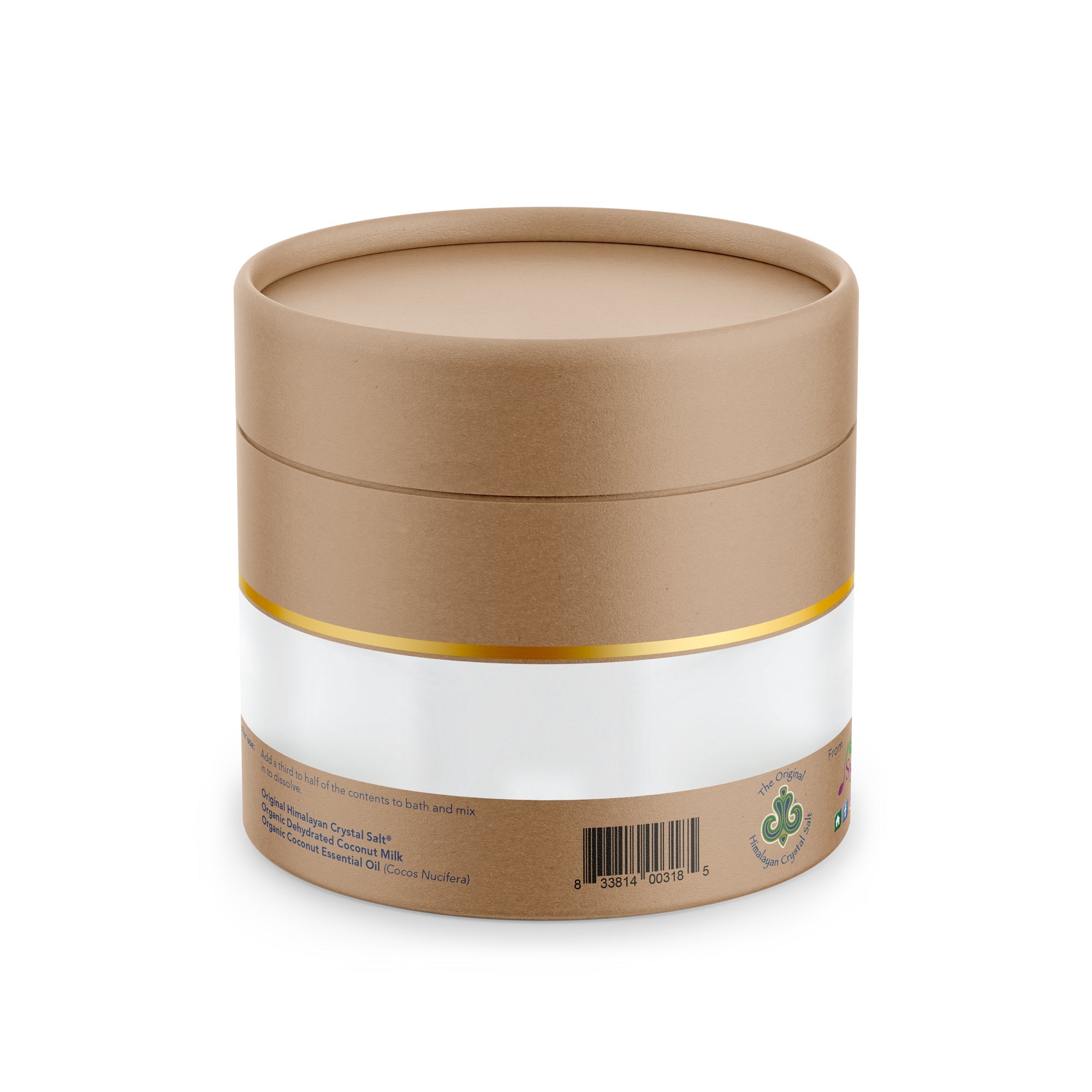 Coconut Soak back of tan cylindrical box featuring gold and white bands, Himalayan Crystal Salt logo on white background