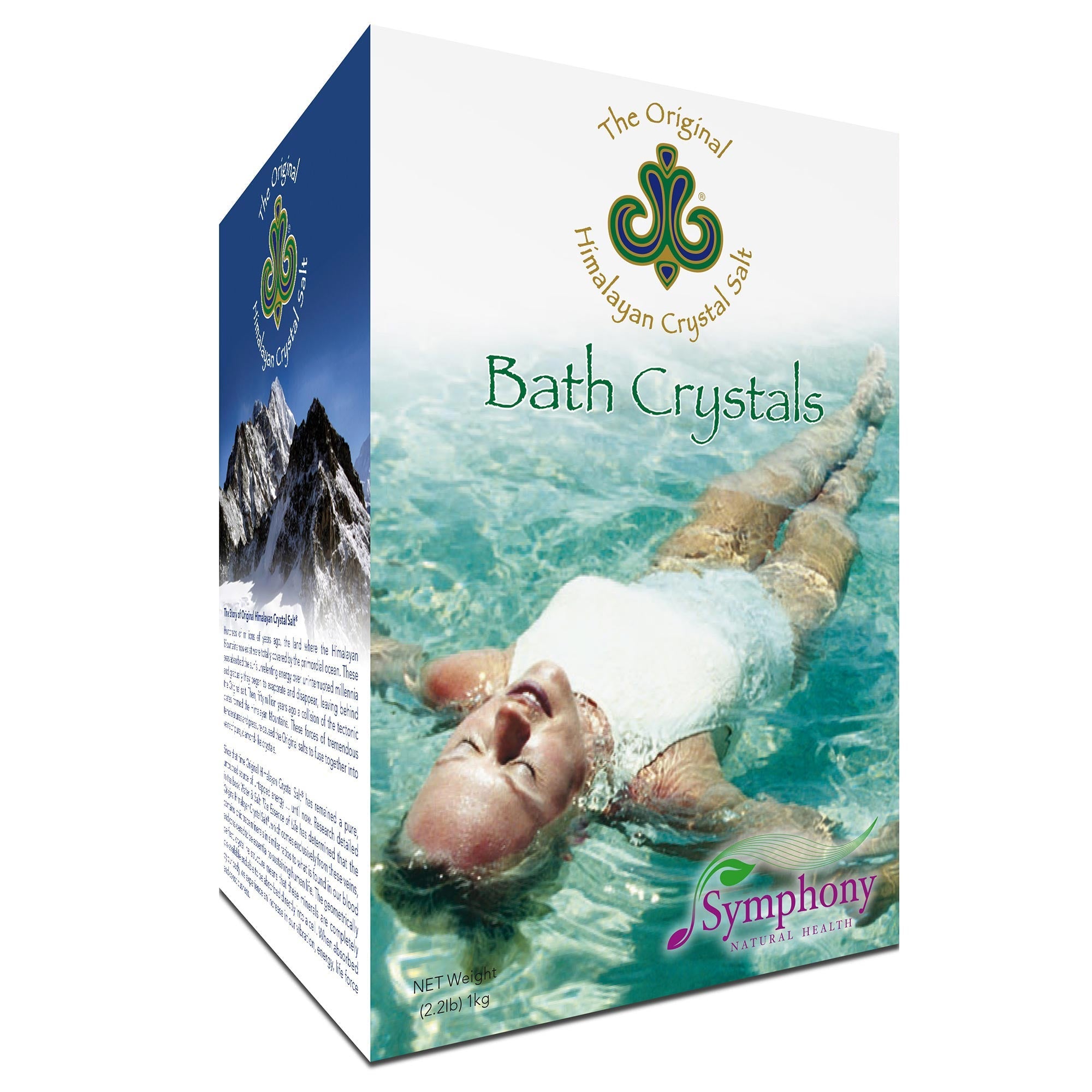 Original Himalayan Crystal Bath Salts Bundle (4 Pack) shows white woman in white swimsuit face up in pool with arms stretch out and legs crossed 