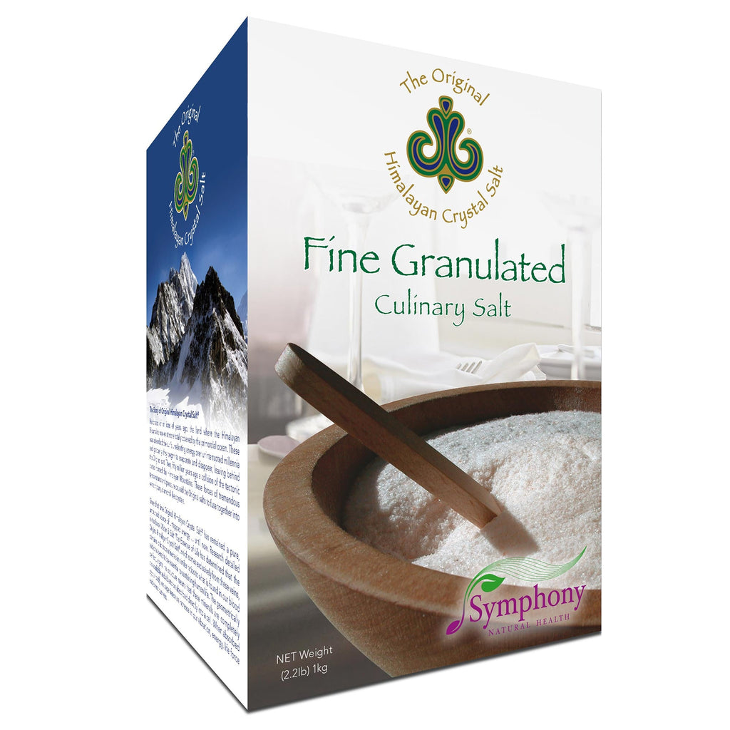Fine Granulated Culinary Salt right-facing front of Finely Granulated Culinary Salt product box showing wooden bowl with salt and spoon