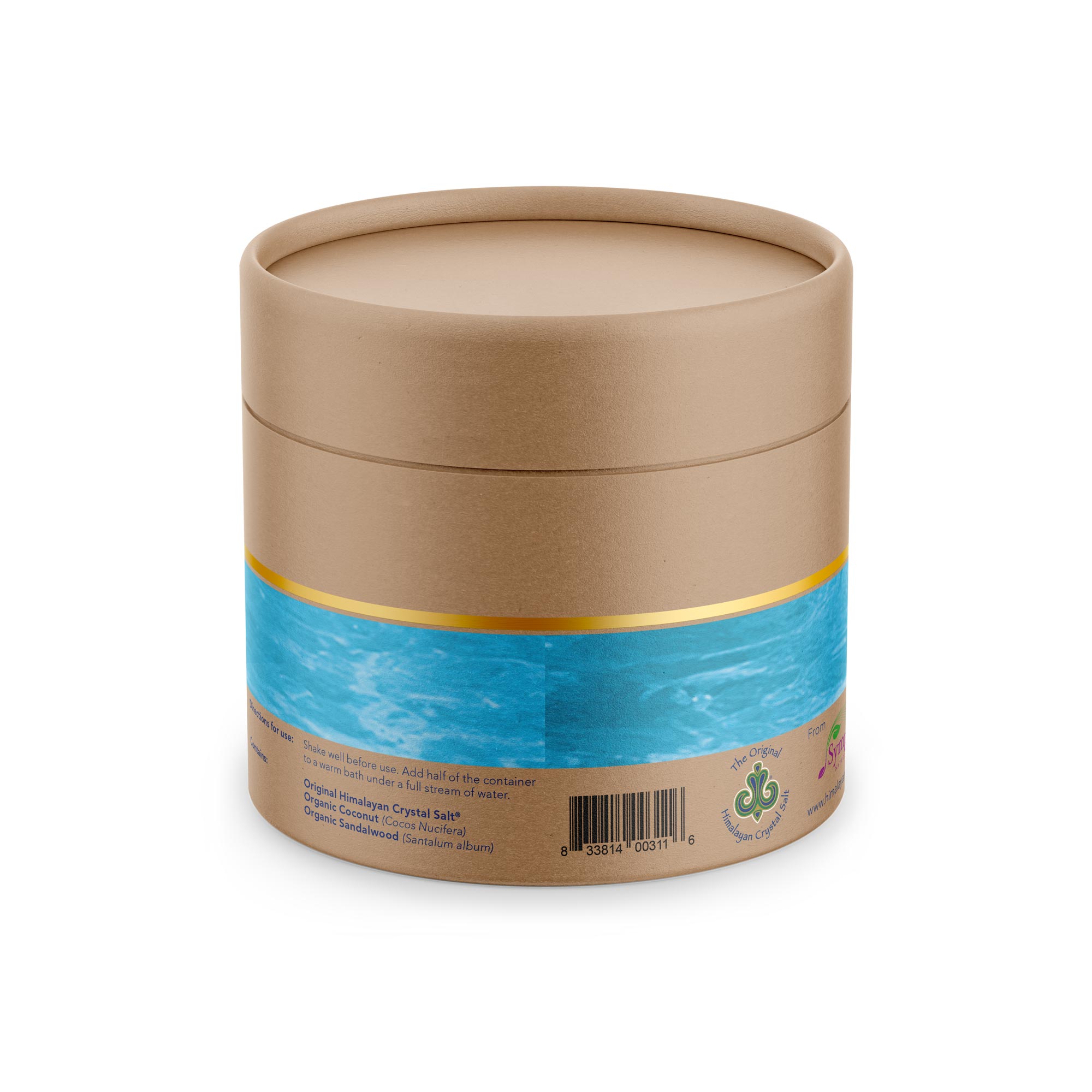 Relax Bath Salts back of tan product box with bands of gold, and ocean blue water featuring Himalayan Crystal Salt logo