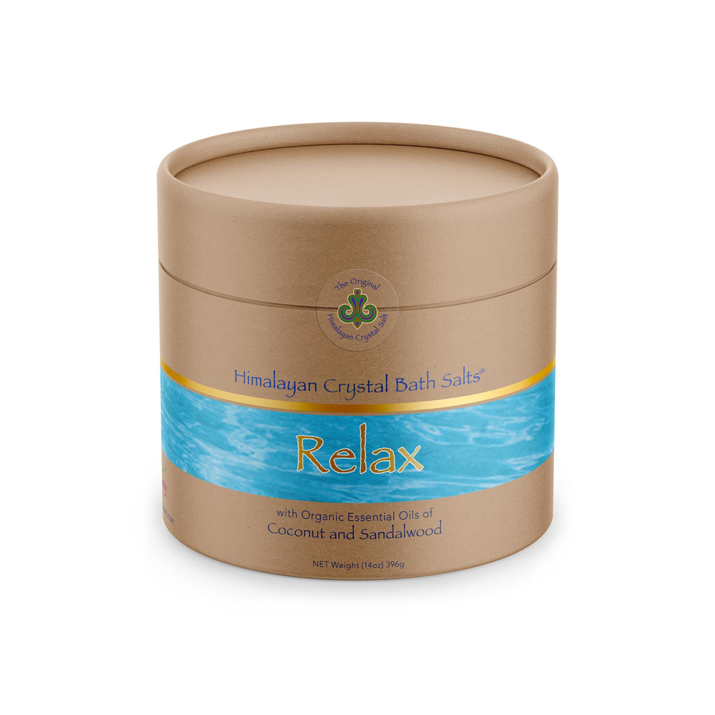 Relax Bath Salts front of tan product box with bands of gold, and ocean blue water featuring Himalayan Crystal Salt logo