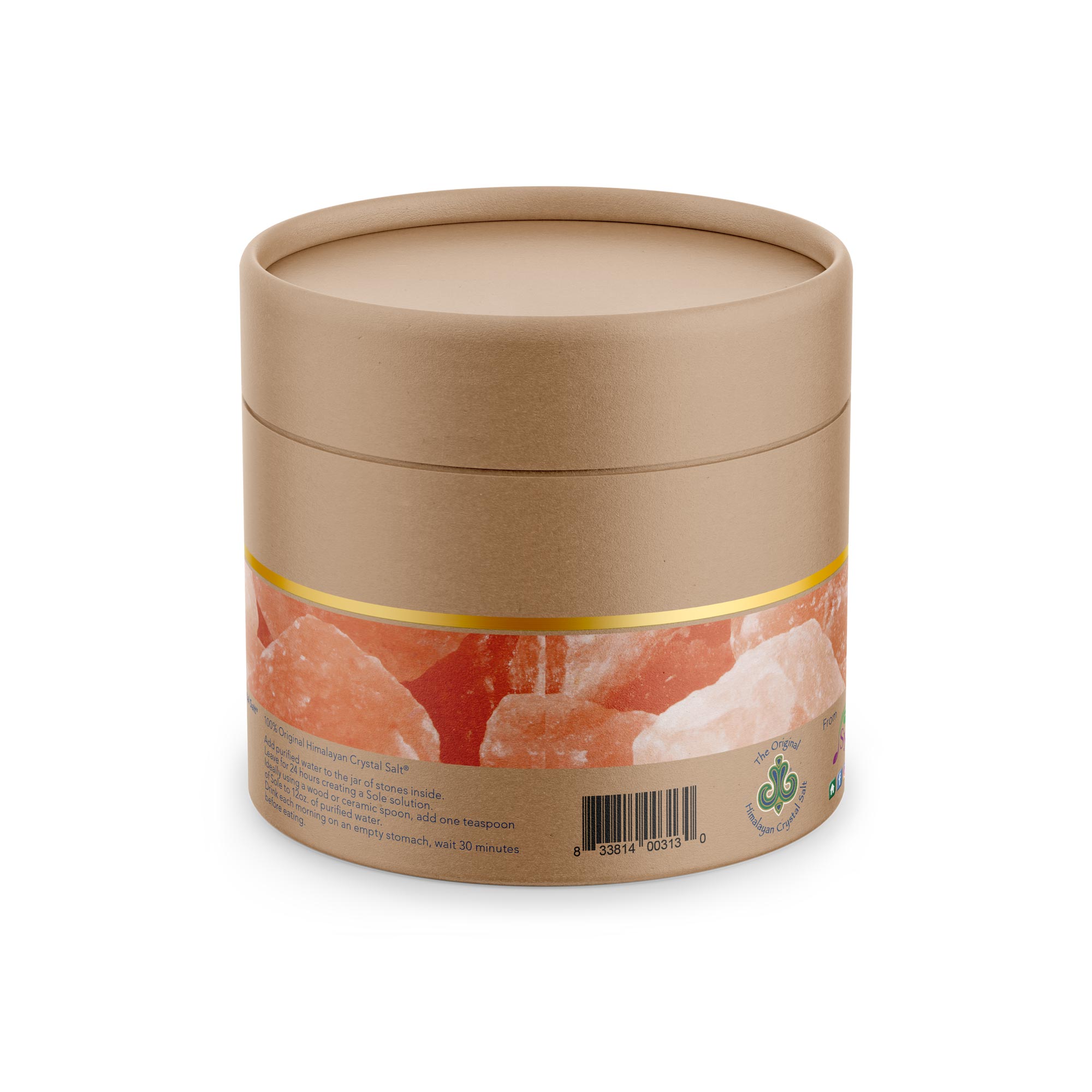 Himalayan Salt Intro Pack back of box cylindrical shape, tan with band of gold and showing Himalayan Salt stones and logo
