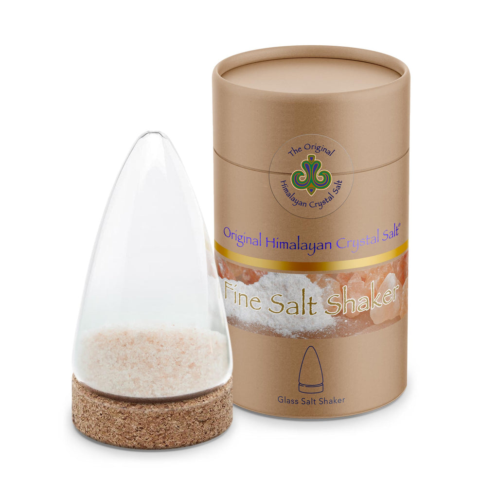 Fine Salt Shaker pointed cylindrical clear glass shaker, filled with Himalayan  crystal salt, has cork base, and cylindrical light brown box featuring The Original Himalayan Crystal Salt logo, on white background