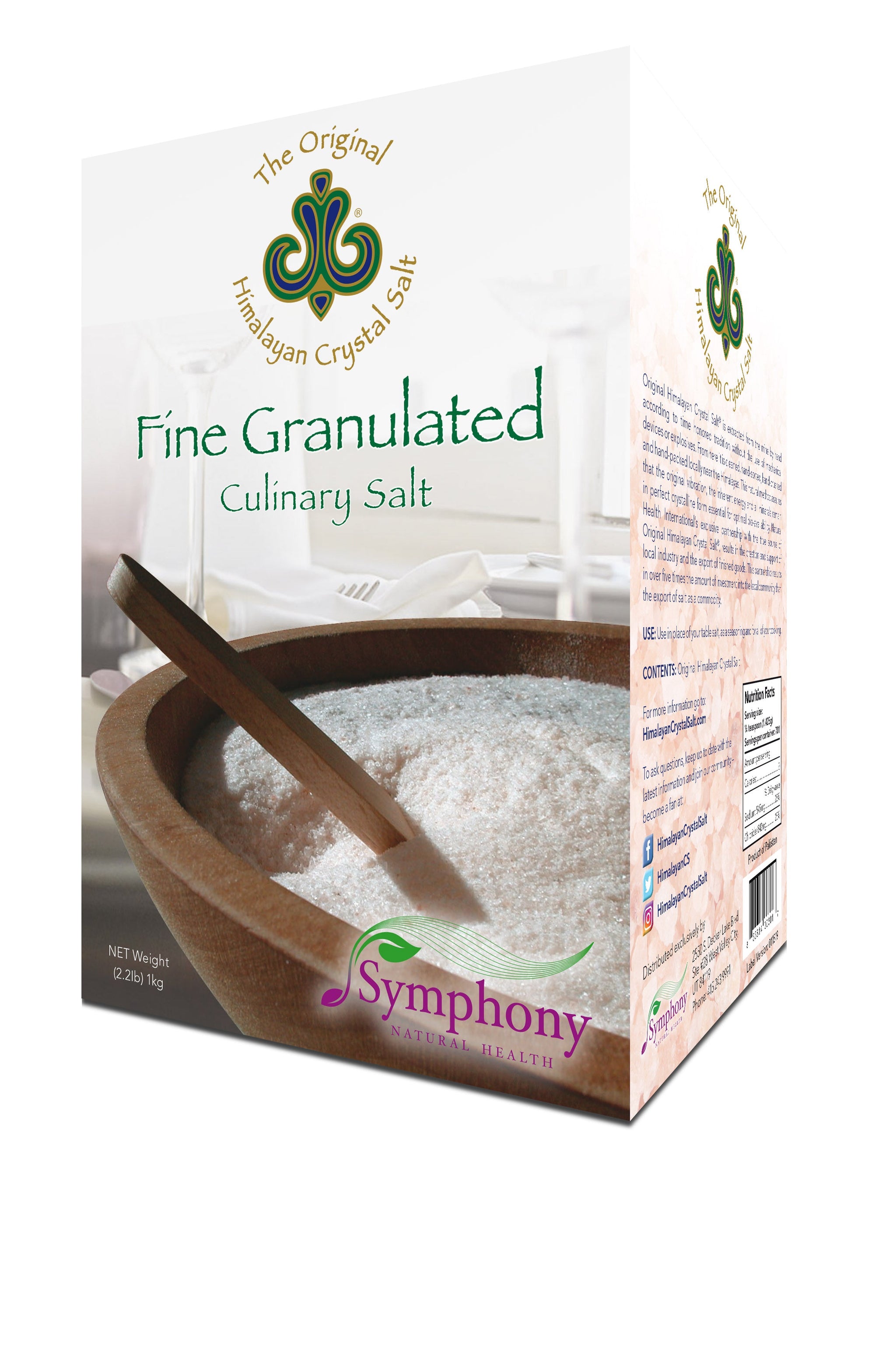Himalayan Salt Intro Pack left-facing front of Finely Granulated Culinary Salt product box showing wooden bowl with salt and spoon