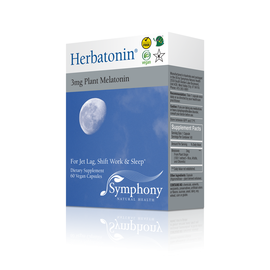 Herbatonin 3mg left-facing front and side of product box Herbatonin blue logo on black background, moon in daylight blue sky and clouds, gluten free, vegan and Kosher logos, symphony logo, supplements facts,  recommendation, caution, supplement facts, manufactured in Australia