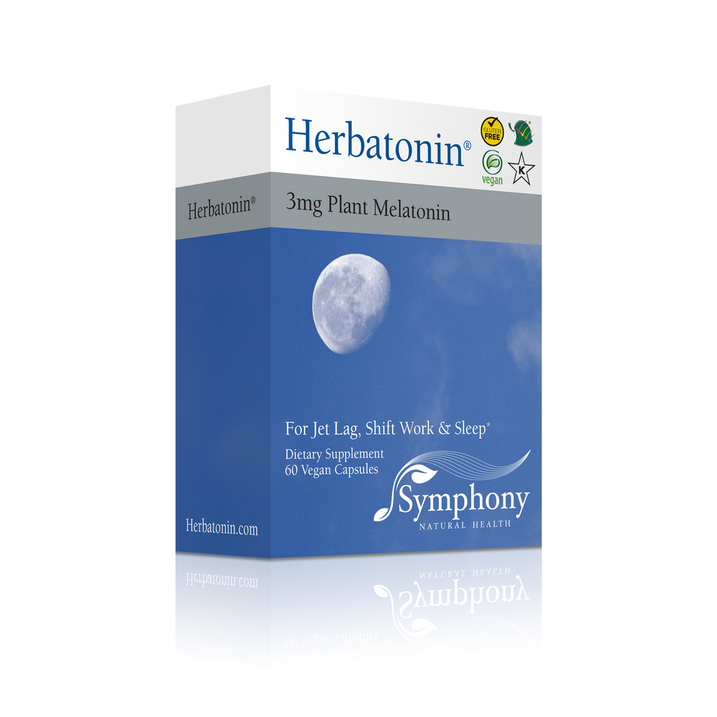 Herbatonin 3mg right-facing front and side of product box Herbatonin blue logo on black background, moon in daylight blue sky and clouds, gluten free, vegan and Kosher logos, symphony logo