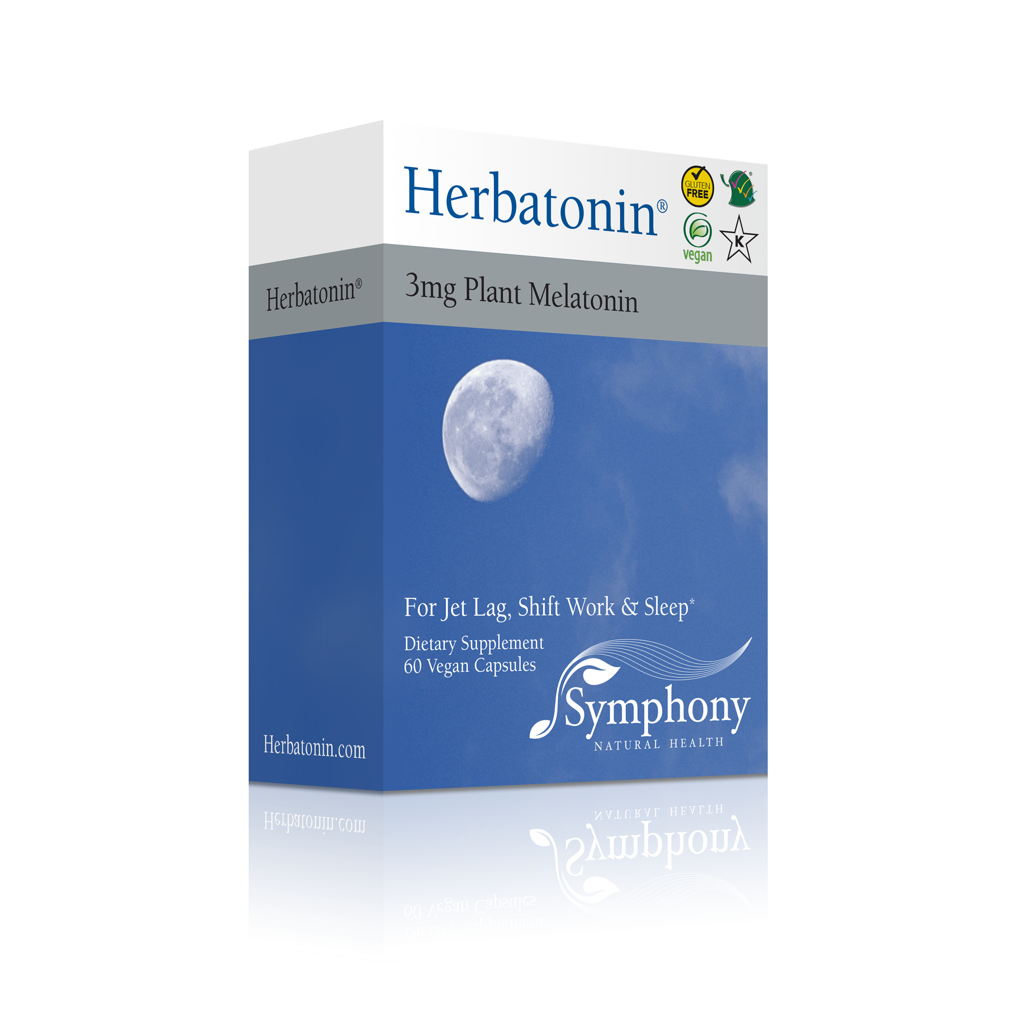 Herbatonin 3mg right-facing front and side of product box Herbatonin blue logo on black background, moon in daylight blue sky and clouds, gluten free, vegan and Kosher logos, symphony logo