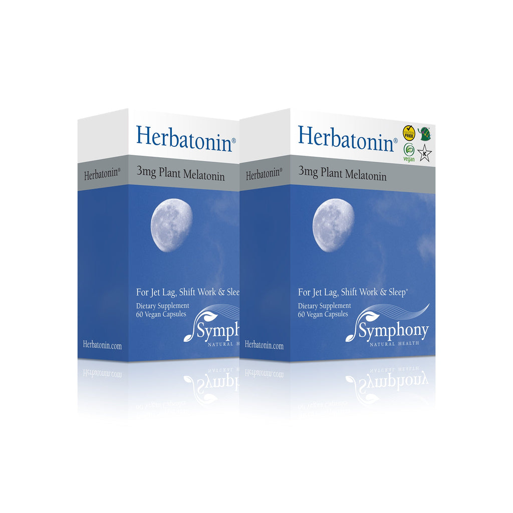 Herbatonin 3mg<br>2-Pack right-facing front and side of two product boxes Herbatonin blue logo on white background, moon in daylight blue sky and clouds, gluten free, vegan and Kosher logos, symphony logo