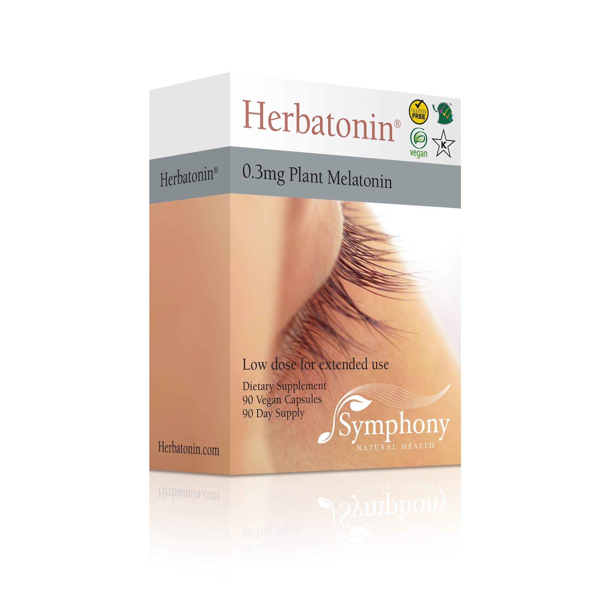 Herbatonin 0.3mg right-facing front and side of two product boxes on black background Herbatonin brown logo on white background, low dose for extended use, white female face cropped showing closed eyelid, gluten free, vegan and Kosher logos, symphony logo, 