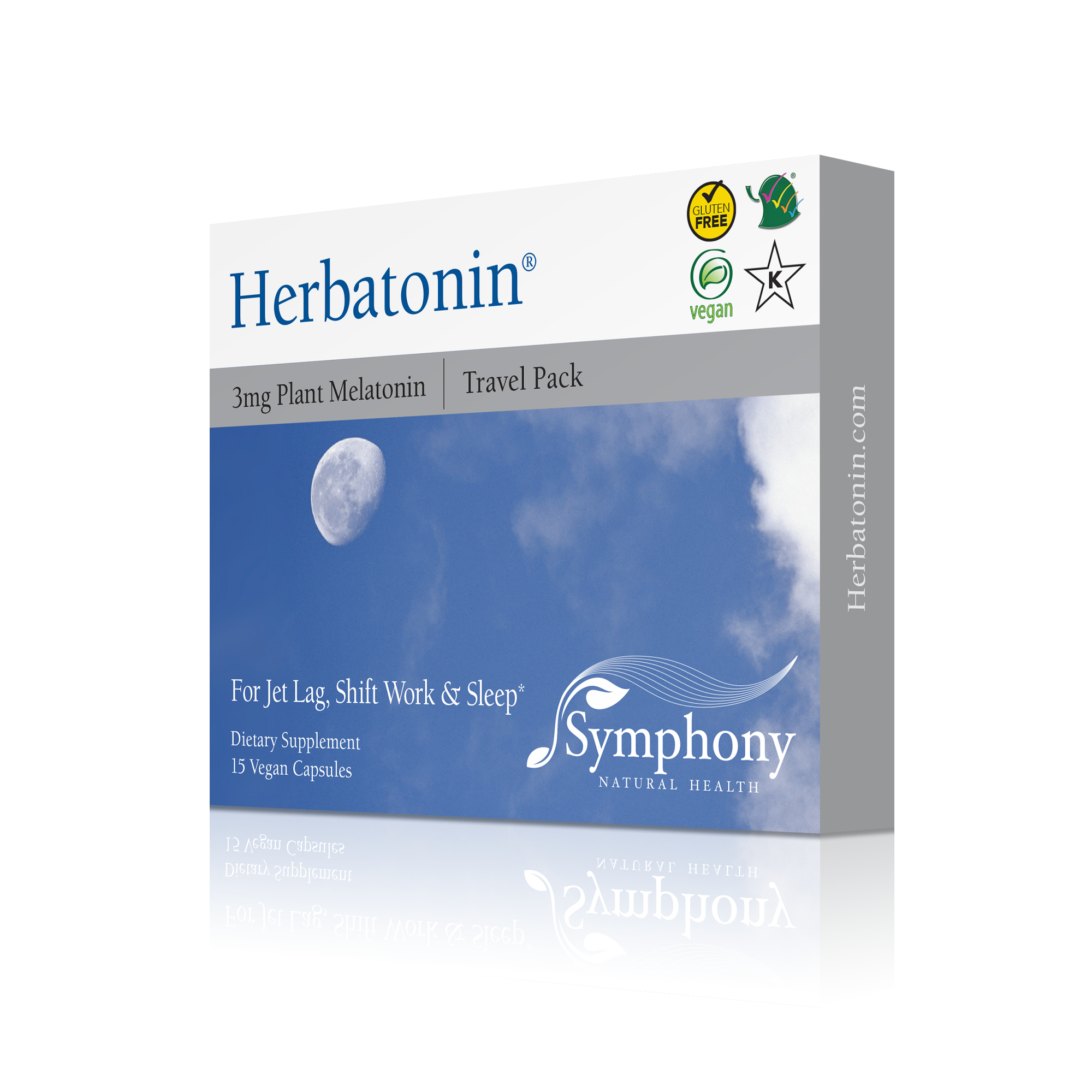Herbatonin 3mg Travel Pack left-facing front and side of two product boxes Herbatonin blue logo on black background, moon in daylight blue sky and clouds, gluten free, vegan and Kosher logos, symphony logo