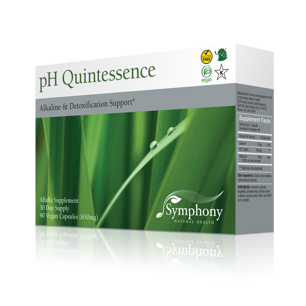 pH Quintessence left-facing product box with green leaves with water drops, vegan, gluten free, Kosher