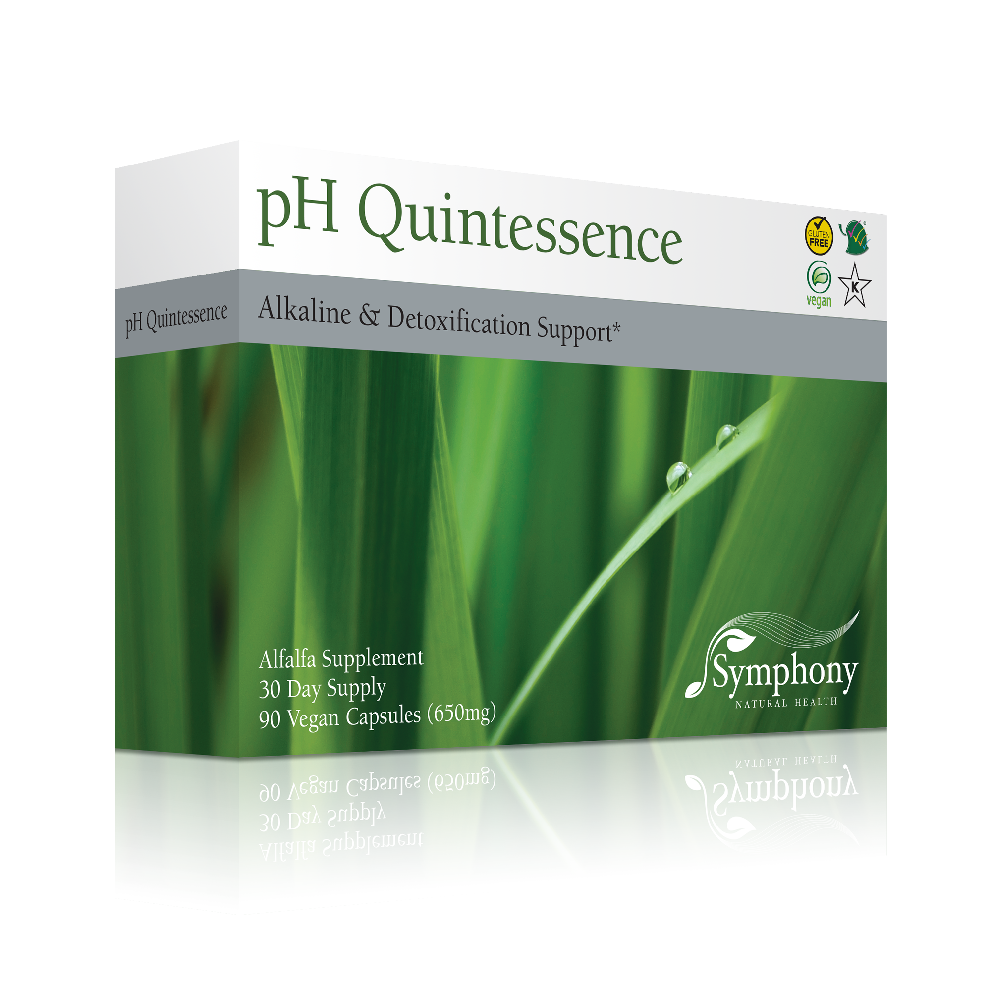pH Quintessence right-facing product box with green leaves with water drops, vegan, gluten free, Kosher