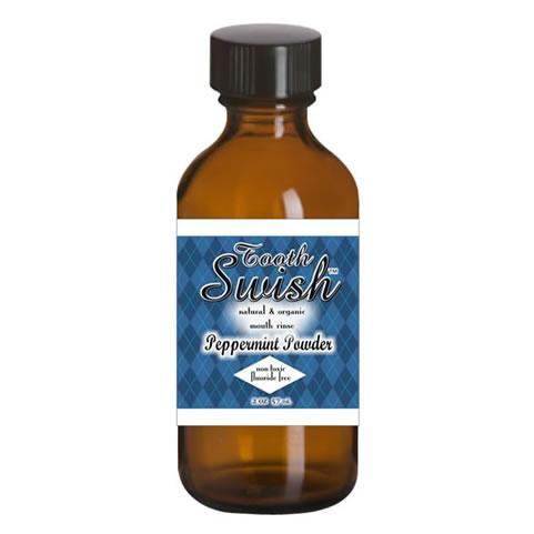 Peppermint Tooth Swish brown bottle with black cap and blue and white label