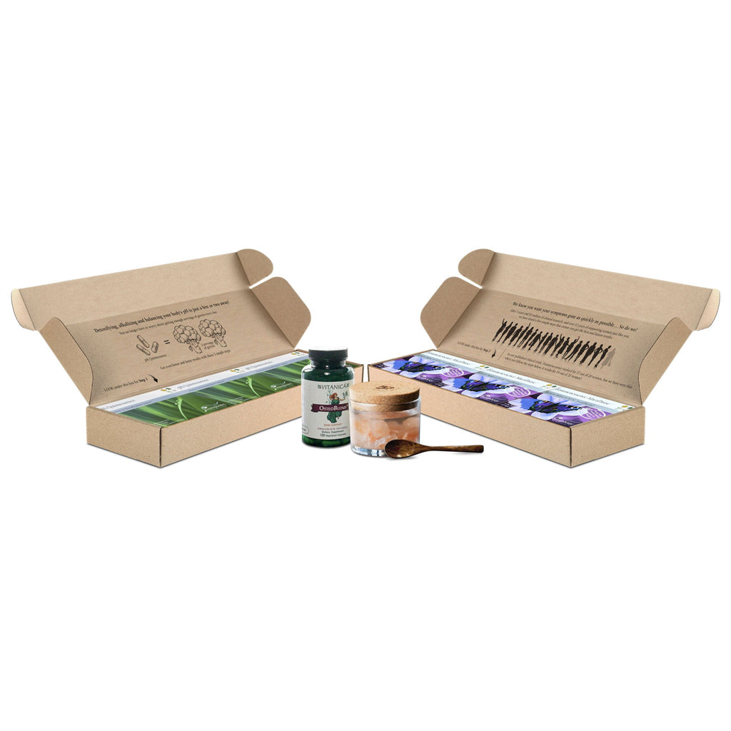Bone Health Bundle two packaging cardboard boxes containing three boxes of pH Quintessence, three boxes of MacaPause, bottle of OsteoBlend, and glass jar of Sole stones and water with cork cover, and wooden spoon resting on jar on white background