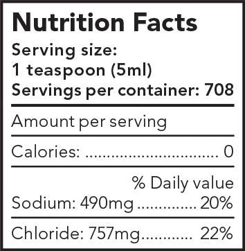 Crystal Salt Stones for Sole Bundle (3 Pack) Nutrition Facts: Serving size 1 teaspoon (5ml), Servings per container: 708, Amount per serving, Calories 0, % Daily Value, Sodium: 490mg 20%, Chloride: 757mg 22%