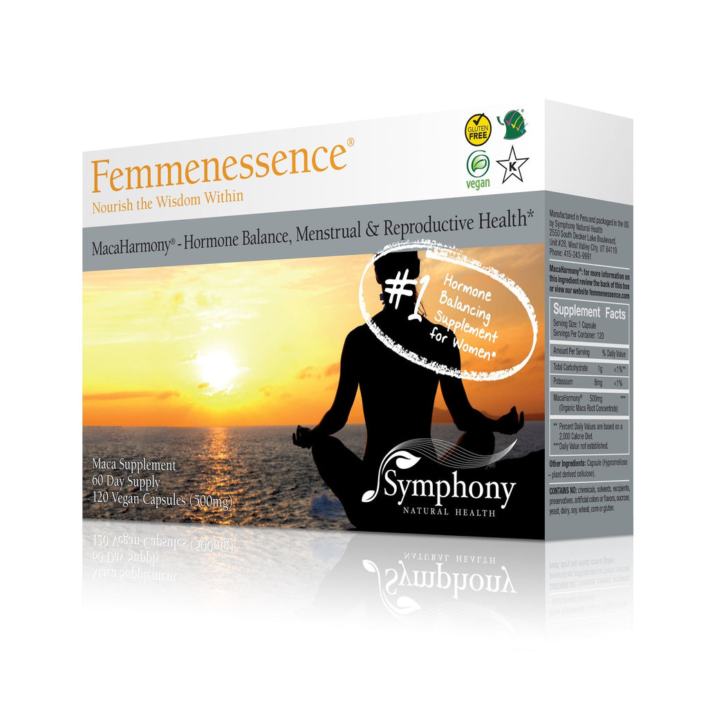 Femmenessence MacaHarmony<br>For Menstrual Health left-facing front and side of product box showing silhouette of woman facing horizon at sunset