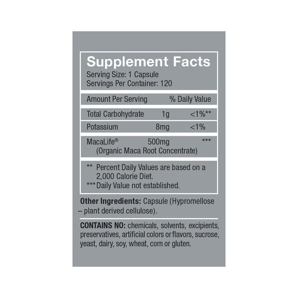 Femmenessence MacaLife<br>For Perimenopause Supplement Facts: Serving Size: 1 capsules, Servings per container: 120, Amount Per Serving % daily value, Total Carbohydrate 1g <1%**, Potassium 8mg <1%, MacLife® (Organic Maca Root Concentrate) 500mg ***, other ingredient: capsule (hypromellose—plant derived cellulose), contains no chemicals, solvents, excipients, preservatives, artificial colors or flavors, sucrose, yeast, dairy, soy, wheat, corn, or gluten