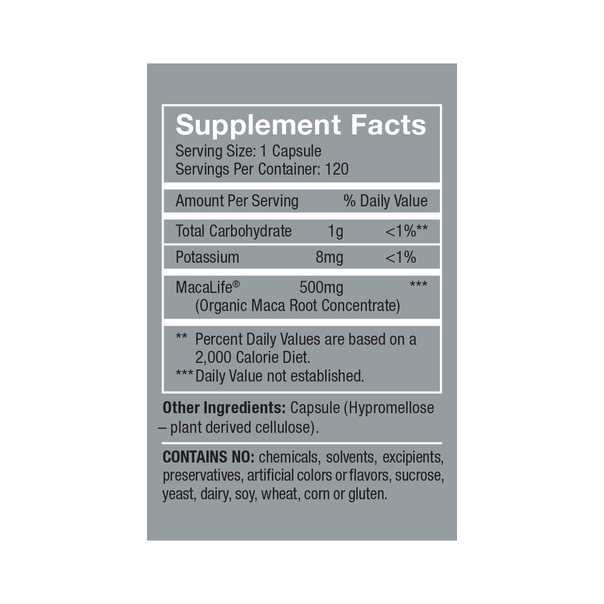 Femmenessence MacaLife<br>For Perimenopause Supplement Facts: Serving Size: 1 capsules, Servings per container: 120, Amount Per Serving % daily value, Total Carbohydrate 1g <1%**, Potassium 8mg <1%, MacLife® (Organic Maca Root Concentrate) 500mg ***, other ingredient: capsule (hypromellose—plant derived cellulose), contains no chemicals, solvents, excipients, preservatives, artificial colors or flavors, sucrose, yeast, dairy, soy, wheat, corn, or gluten