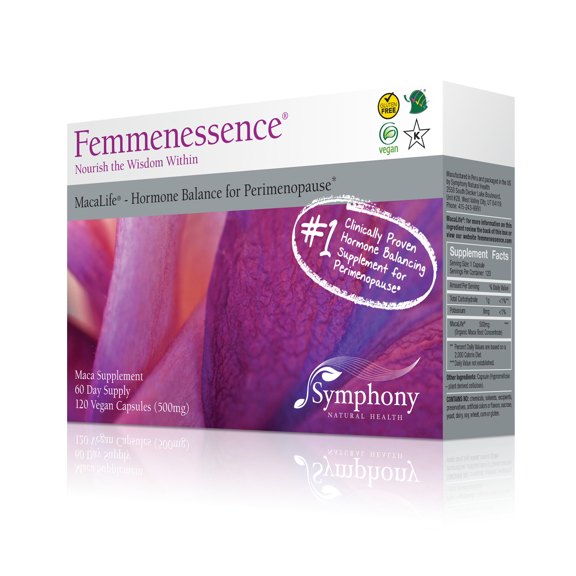 Femmenessence MacaLife<br>For Perimenopause left-facing front and side of product box showing magenta and purple petals, box against black background, vegan, gluten free, Kosher