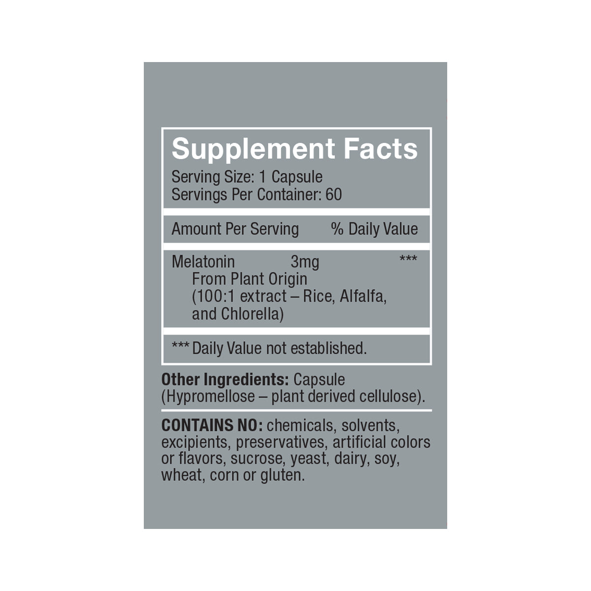 Herbatonin 3mg<br>2-Pack side panel product box supplement facts, white/black text on dark gray background: Serving size 1 capsule, servings per container 60, melatonin 3mg from plant origin (100:1 extract rice, alfalfa, and chlorella), other ingredient is capsule (hypromellose-plant derived cellulose), contains no chemicals, solvents, excipients, preservatives, artificial colors or flavors, sucrose, yeast, dairy, soy, wheat, corn or gluten