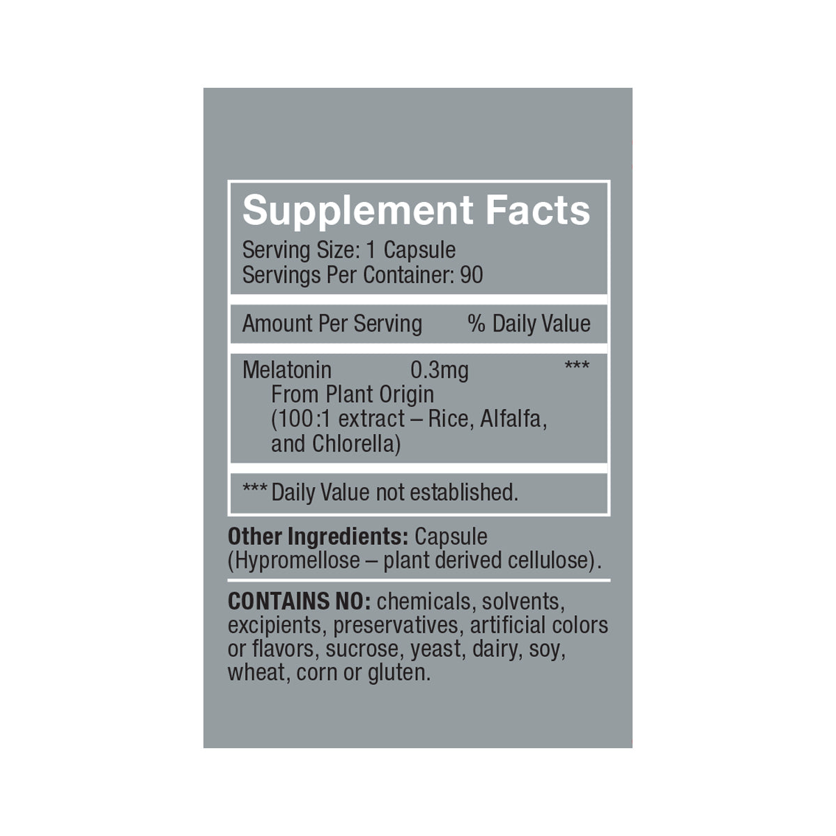 Herbatonin 0.3mg side panel product box supplement facts, white/black text on dark gray background: Serving size 1 capsule, servings per container 90, melatonin 0.3mg from plant origin (100:1 extract rice, alfalfa, and chlorella), other ingredient is capsule (hypromellose-plant derived cellulose), contains no chemicals, solvents, excipients, preservatives, artificial colors or flavors, sucrose, yeast, dairy, soy, wheat, corn or gluten