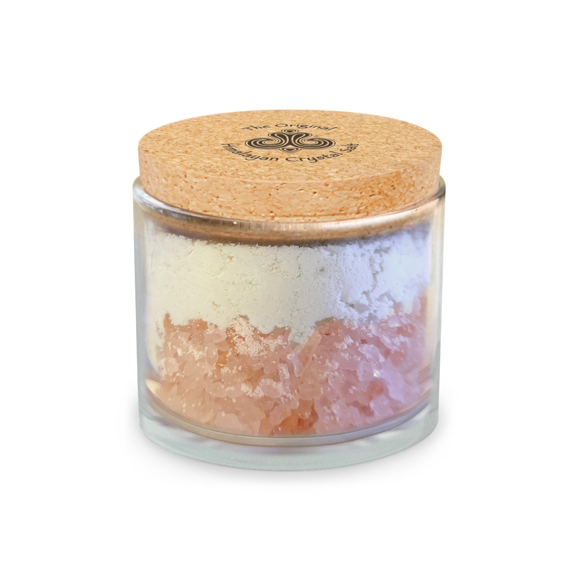 Coconut Soak product glass jar with cork top featuring Himalayan Crystal Salt logo, and filled with coconut milk and Himalayan Crystal Salt on white background