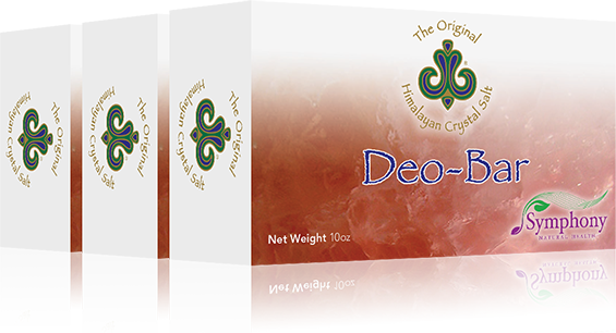Deo-Bar (3 Pack) right-facing three product boxes with enlarged salt stones on front, and himalayan crystal salt logo, with black background