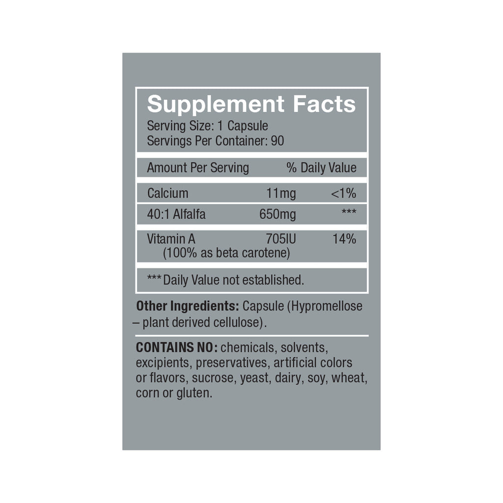 pH Quintessence side panel product box supplement facts, white/black text on dark gray background: Serving size 1 capsule, servings per container 90, Amount Per Serving % Daily Value, Calcium 11mg, 40:1 Alfalfa 650mg ***, Vitamin A 705IU 14% (100% as beta carotene), ***Daily Value not established. Other ingredient: capsule (Hypromellose—plant derived cellulose), contains no: chemicals, solents, ecipients, preservatives, artificial colors or flavors, sucrose, yeast, dairy, soy, wheat, corn or gluten