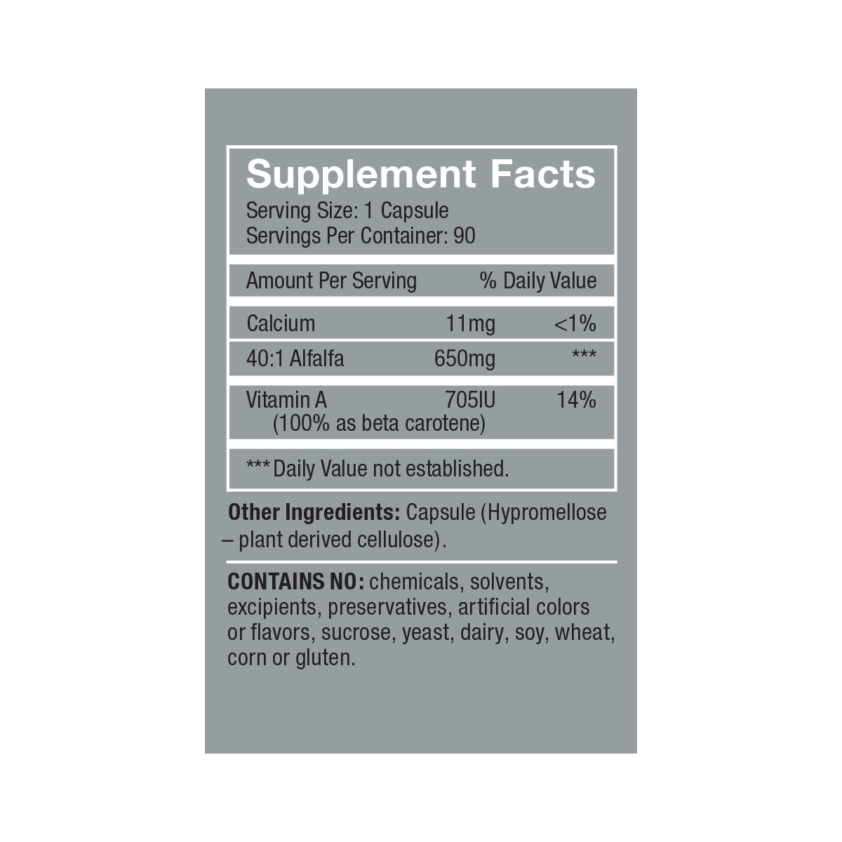 pH Quintessence side panel product box supplement facts, white/black text on dark gray background: Serving size 1 capsule, servings per container 90, Amount Per Serving % Daily Value, Calcium 11mg, 40:1 Alfalfa 650mg ***, Vitamin A 705IU 14% (100% as beta carotene), ***Daily Value not established. Other ingredient: capsule (Hypromellose—plant derived cellulose), contains no: chemicals, solents, ecipients, preservatives, artificial colors or flavors, sucrose, yeast, dairy, soy, wheat, corn or gluten